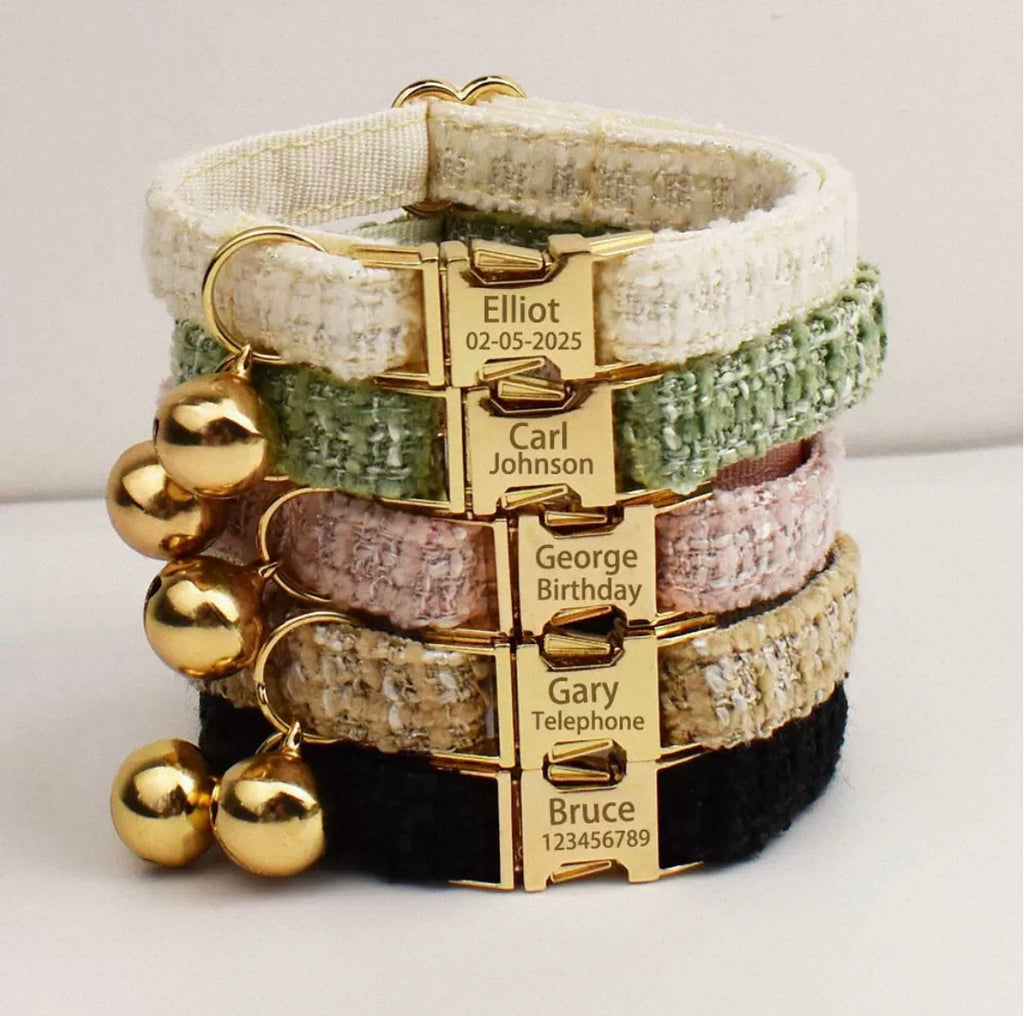 Luxury Tweed French Chic Pet Collar | Custom Engravable Tag & Detachable Bell