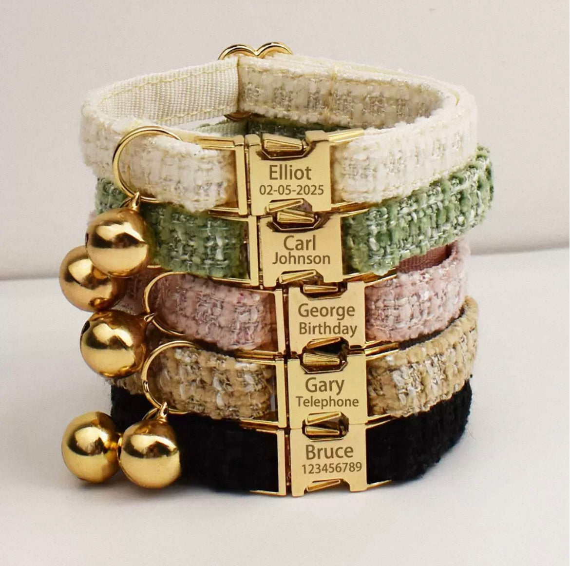 Luxury Tweed French Chic Pet Collar | Custom Engravable Tag & Detachable Bell