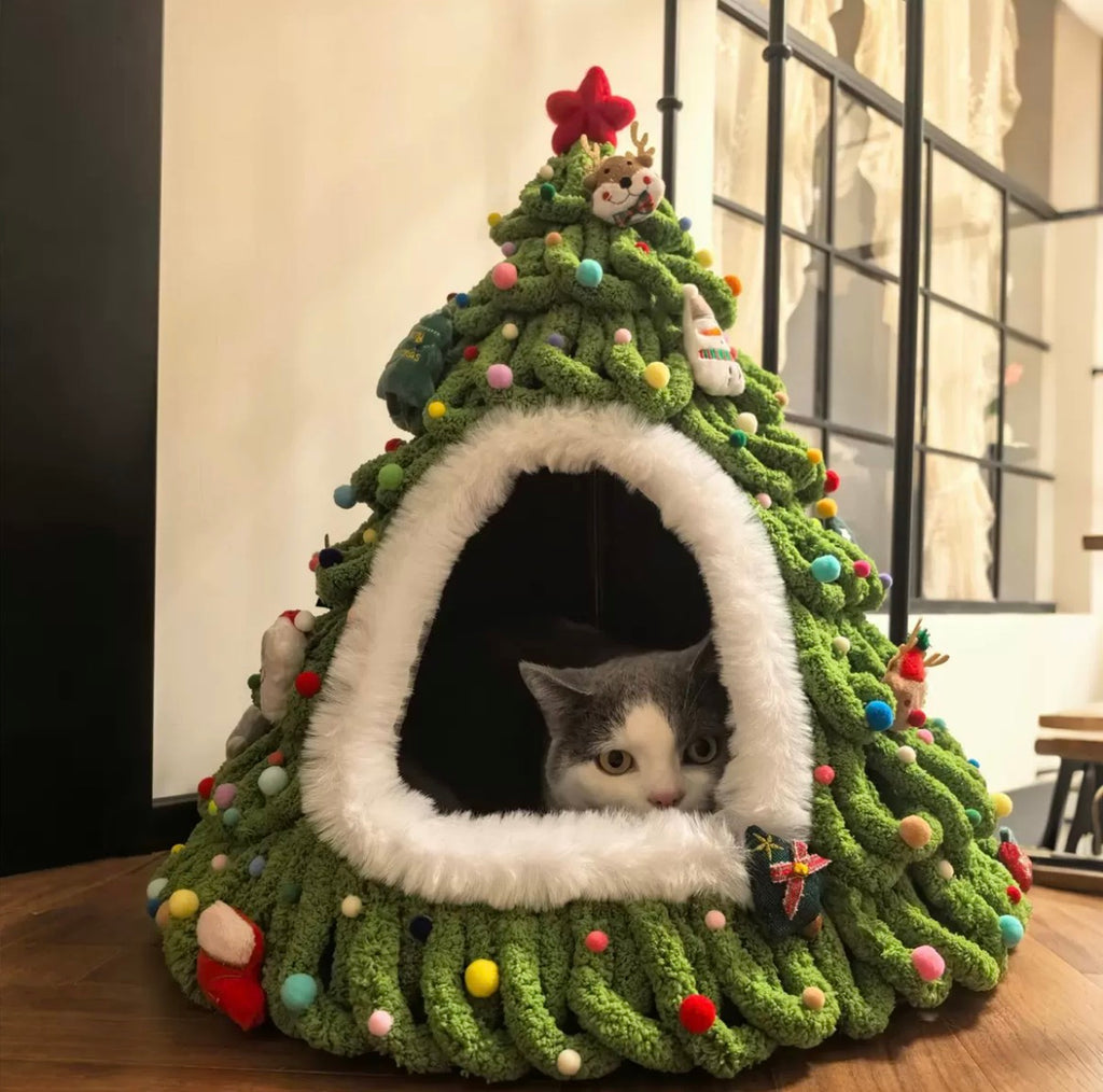 Handcrafted Christmas Tree Enclosed Cat Cave Bed | Cozy Winter Warm Igloo Sanctuary