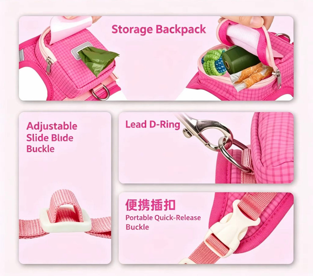 Cute Mini Backpack Pet Harness & Leash Set | No-Pull Escape-Proof Vest with Treat Pouch