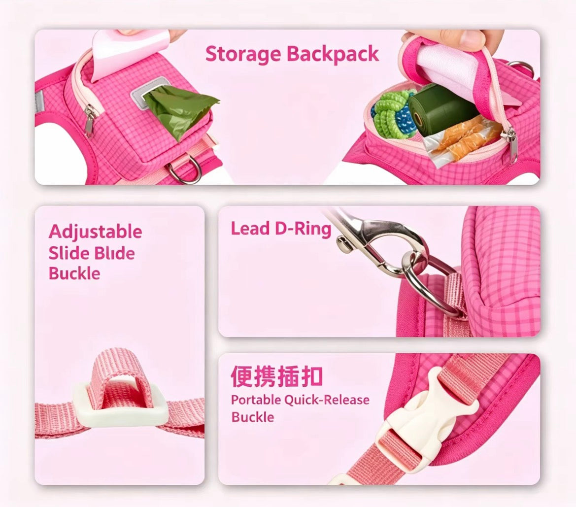 Cute Mini Backpack Pet Harness & Leash Set | No-Pull Escape-Proof Vest with Treat Pouch