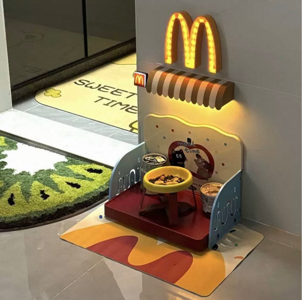 Kawaii Cartoon Cat Diner Elevated Feeding Table | Spine Protection & Treat Storage Rack