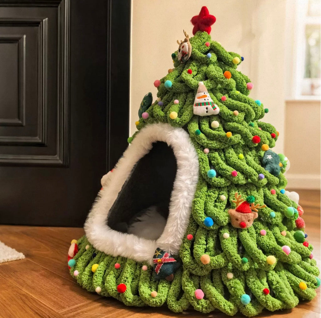 Handcrafted Christmas Tree Enclosed Cat Cave Bed | Cozy Winter Warm Igloo Sanctuary