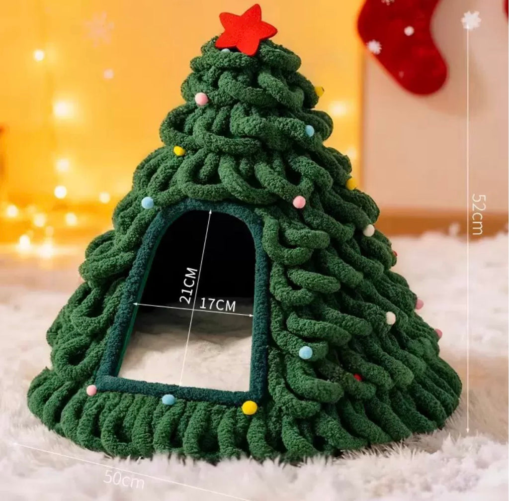 Handcrafted Christmas Tree Enclosed Cat Cave Bed | Cozy Winter Warm Igloo Sanctuary